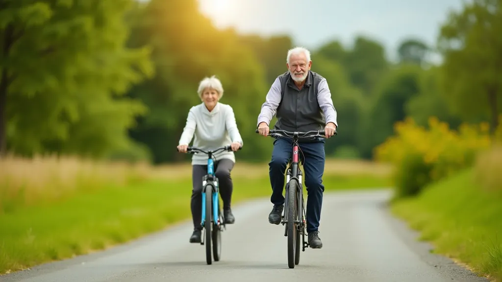 Mature couple variseat on a paved greenway path surrounded by trees and flowers