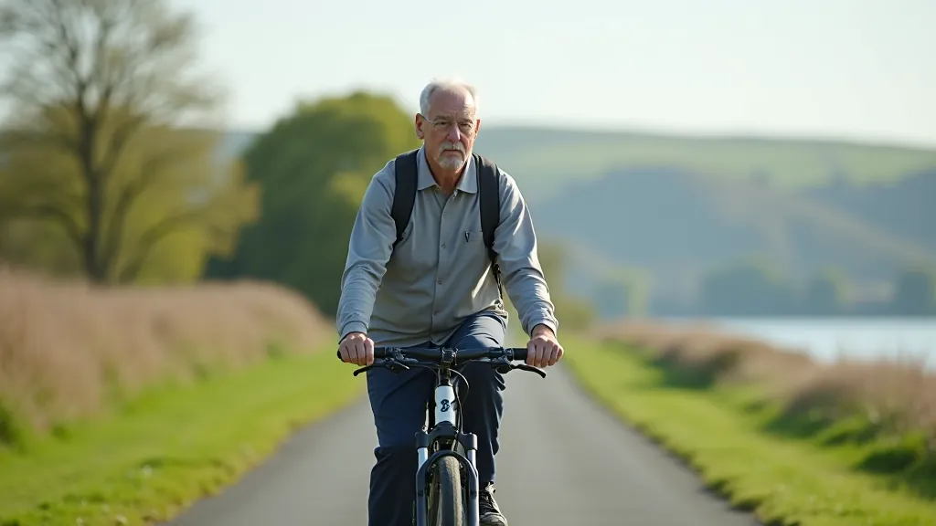 Senior cyclist on an electric bike with visible battery pack, variseat on a waterside path
